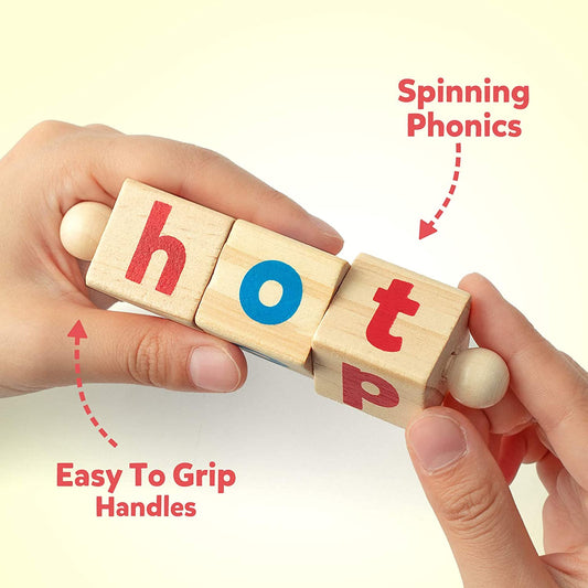 Wooden Reading Blocks Short Vowel Rods Spelling Games, Flash Cards Turning Rotating Letter Puzzle