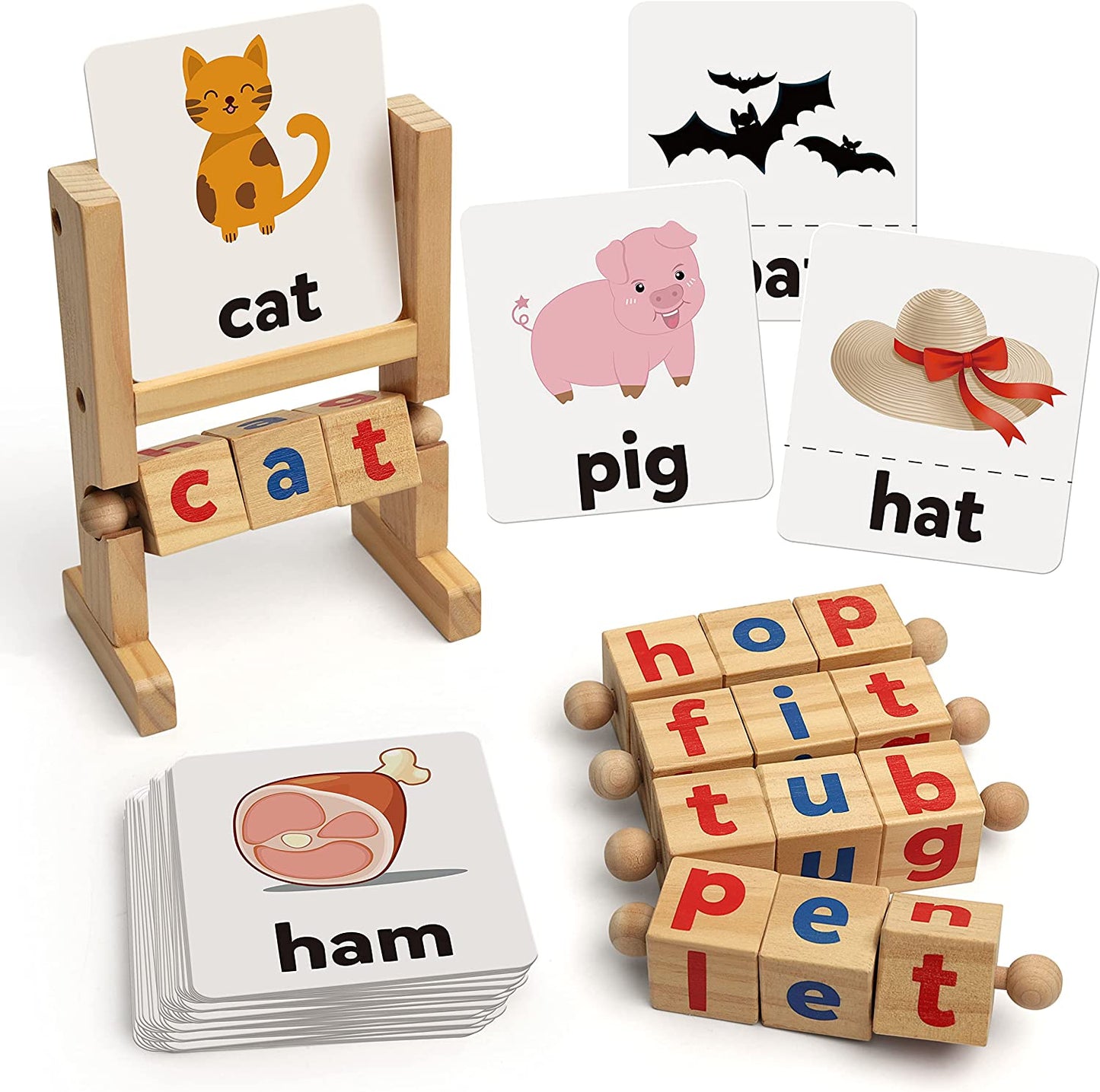 Wooden Reading Blocks Short Vowel Rods Spelling Games, Flash Cards Turning Rotating Letter Puzzle